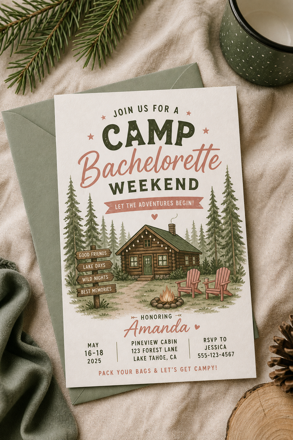 Custom Camp Bachelorette Weekend Invite