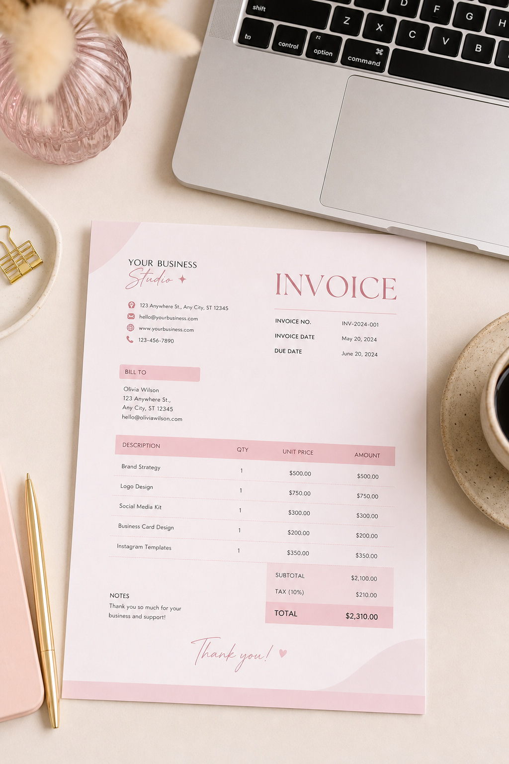 Pink Invoice Form — Easy to Edit in Canva