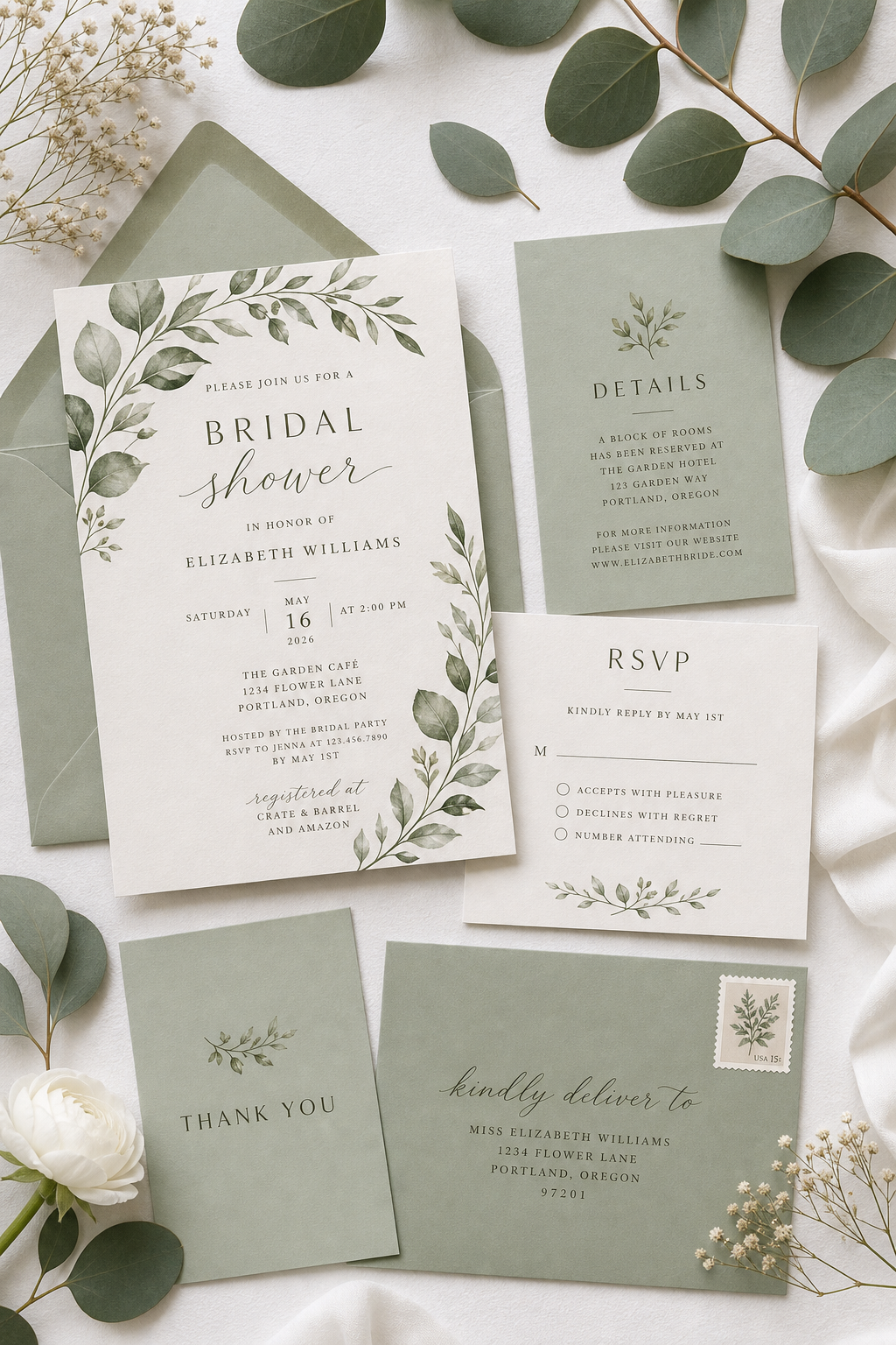 Sage Bridal Shower Invitation Suite